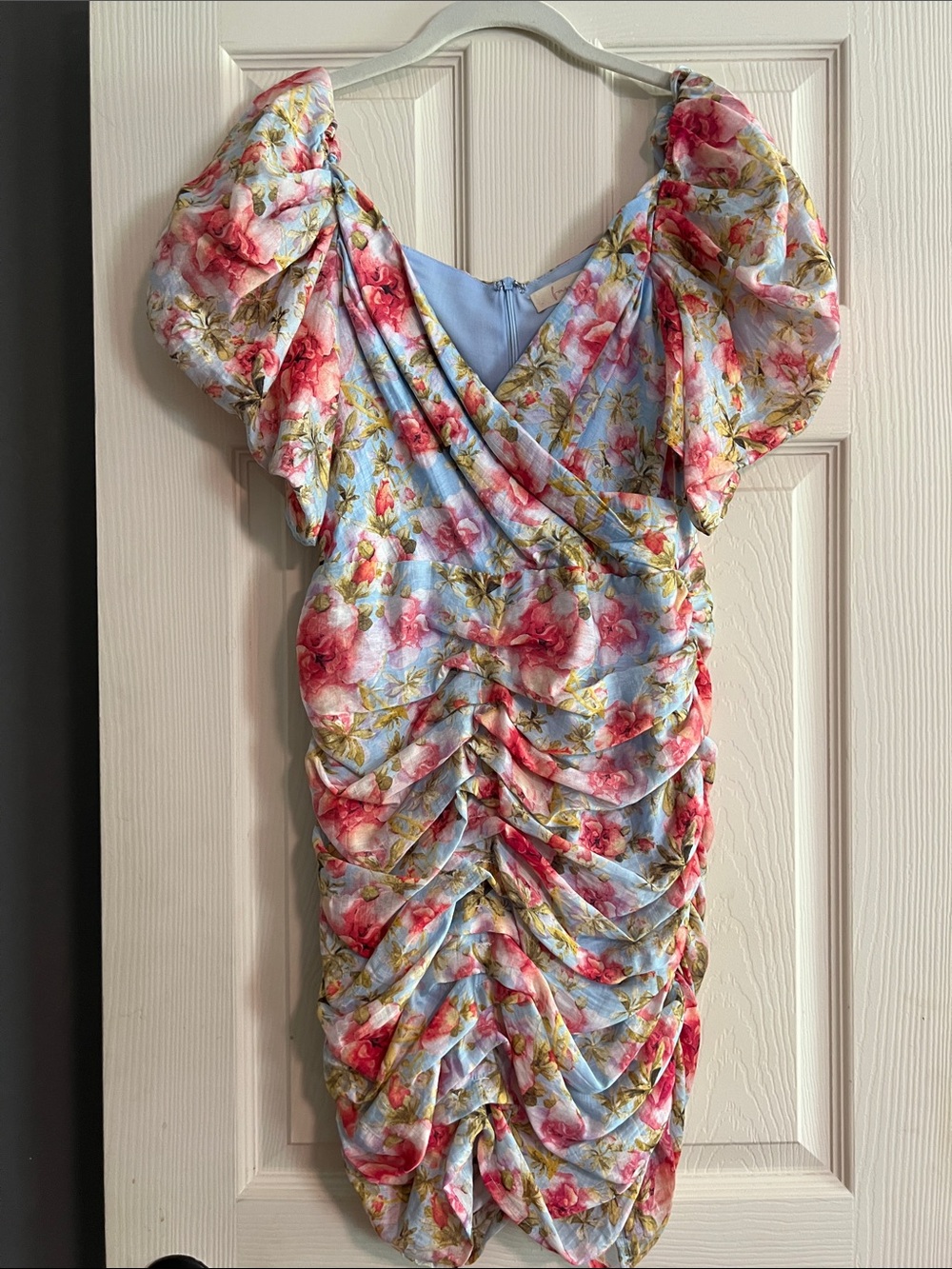 Floral Ruched Mini Dress in Pastel Blue and Pink